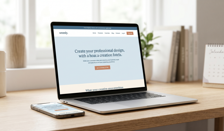 Un site internet moderne et épuré affiché de manière responsive sur un écran d'ordinateur portable et un smartphone posés sur un bureau.